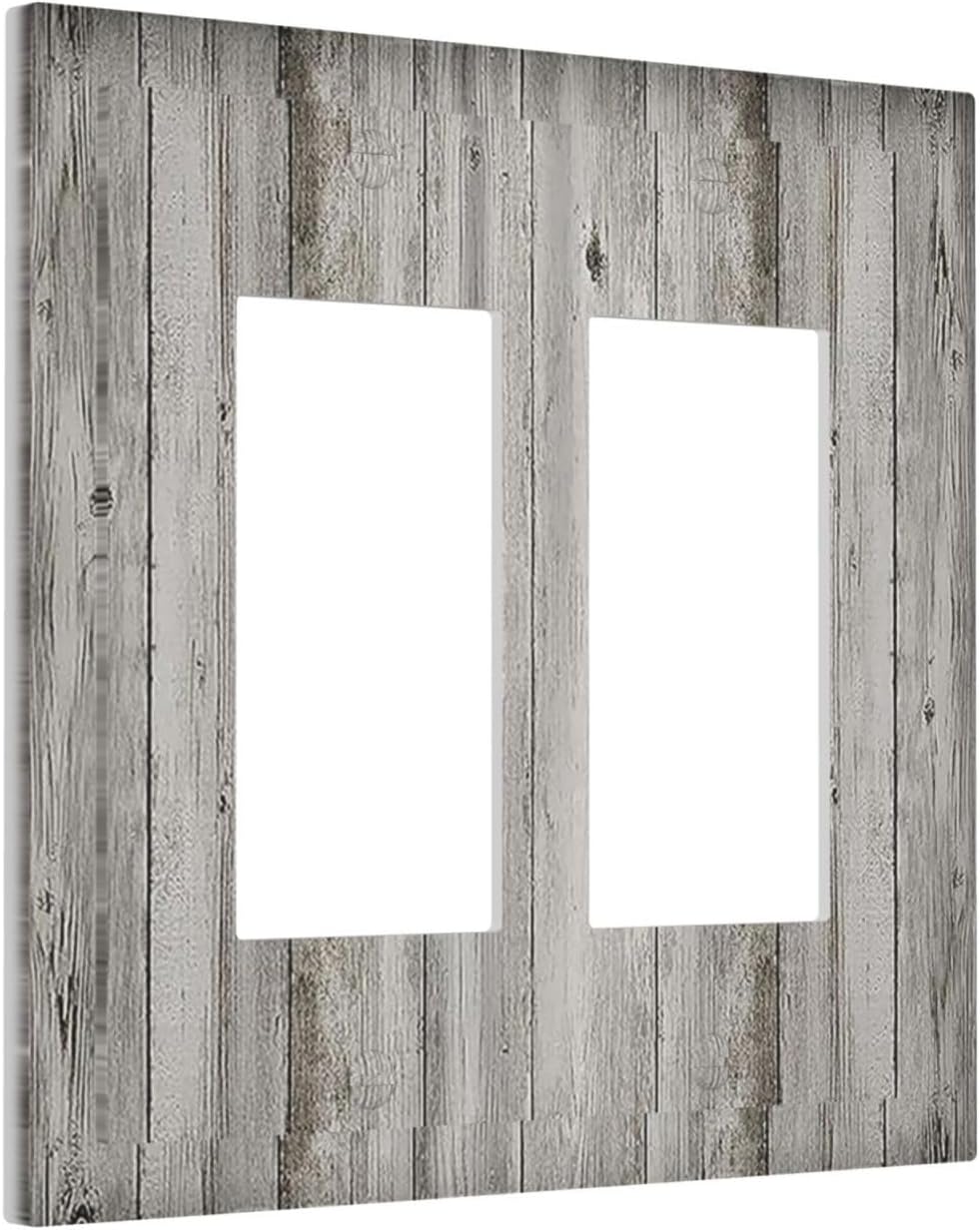 Decorative Outlet Covers Farmhouse Rustic Grey Barn Door Wood 2 Gang Double GFCI Rocker Electrical Wall Panels Light Switch Cover Plate for Bedroom Cabin Decor