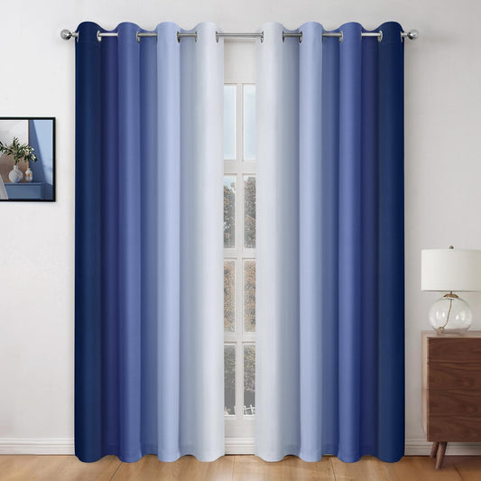 HOMEIDEAS Navy Blue Ombre Blackout Curtains, 52 X 96 Inch Length Gradient Color Room Darkening Curtains with Grommet Thermal Insulated Window Drapes for Living Room, Bedroom, 2 Panels