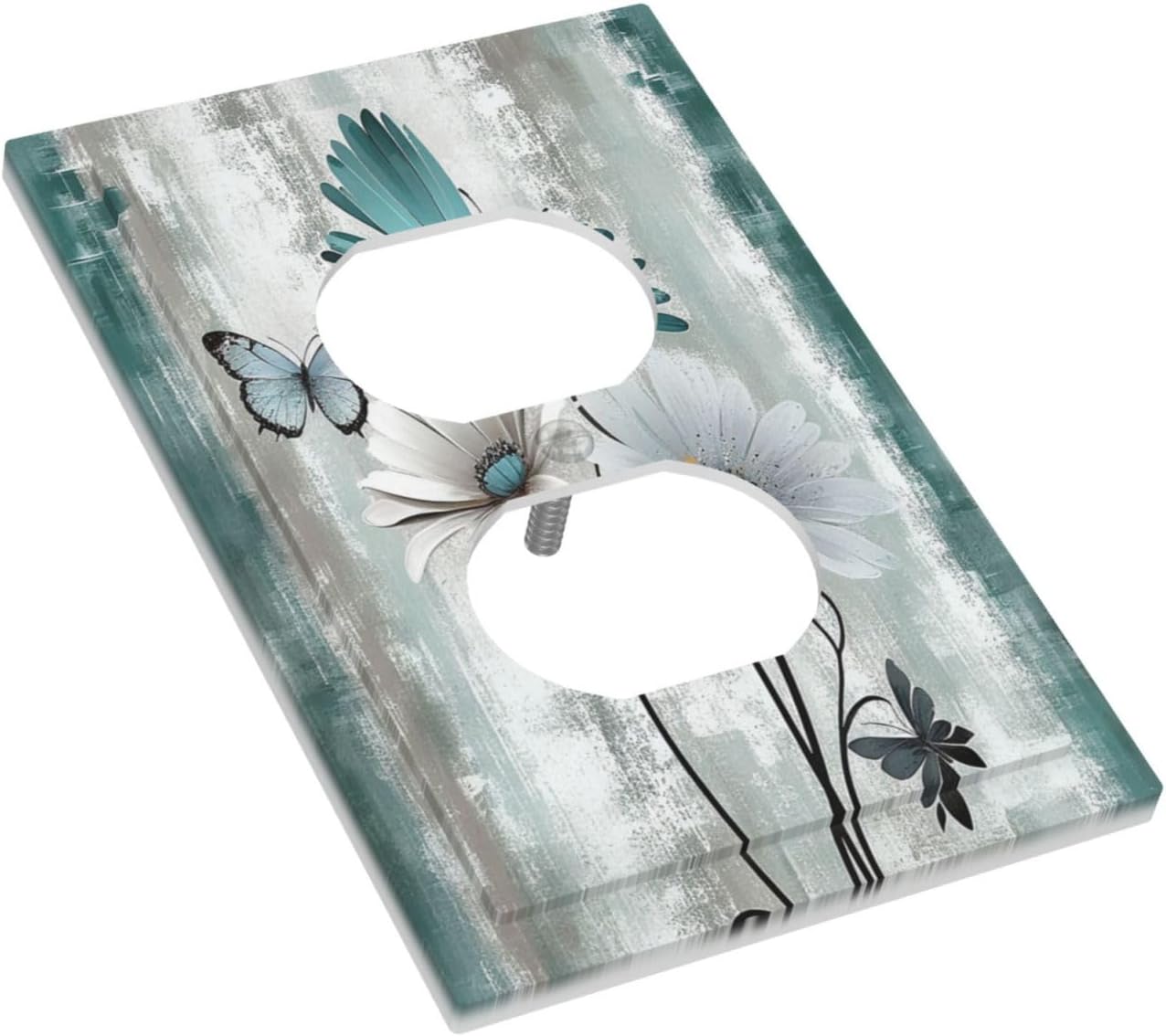 Outlet Covers Rustic Teal Daisy Floral Flowers Butterfly Wood Grain 1 Gang Duplex Wall Plate Decorative Switch Plates Electrical Receptacle Faceplate Light Switch Cover for Bathroom Bedroom