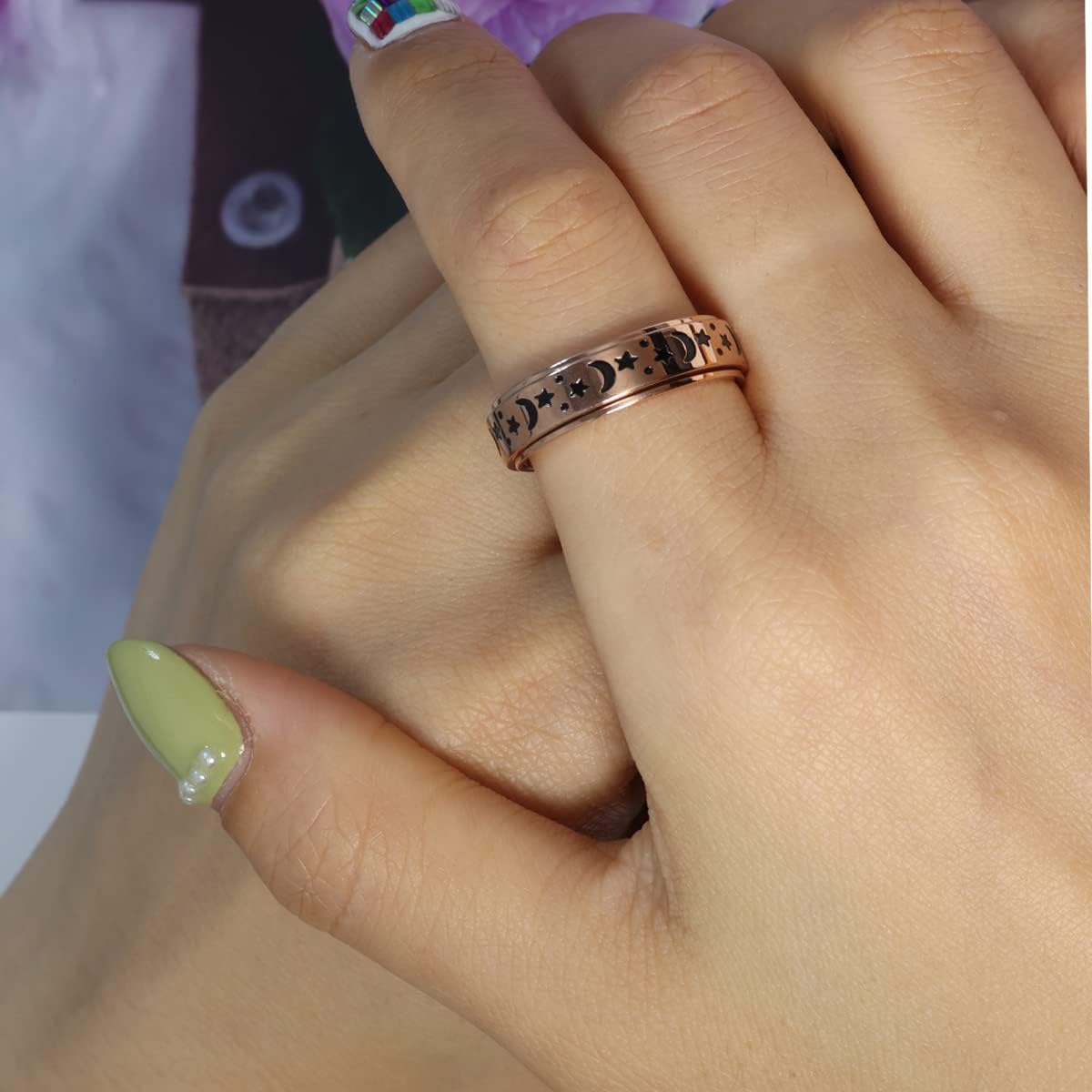 Anxiety Ring for Women Men, Titanium Stainless Steel Spinner Ring, 5 Colors, 6MM, Size 6-10, 3 Styles Anxiety Ring-Moon Star, Sandblasted Finished, Hollow Outer