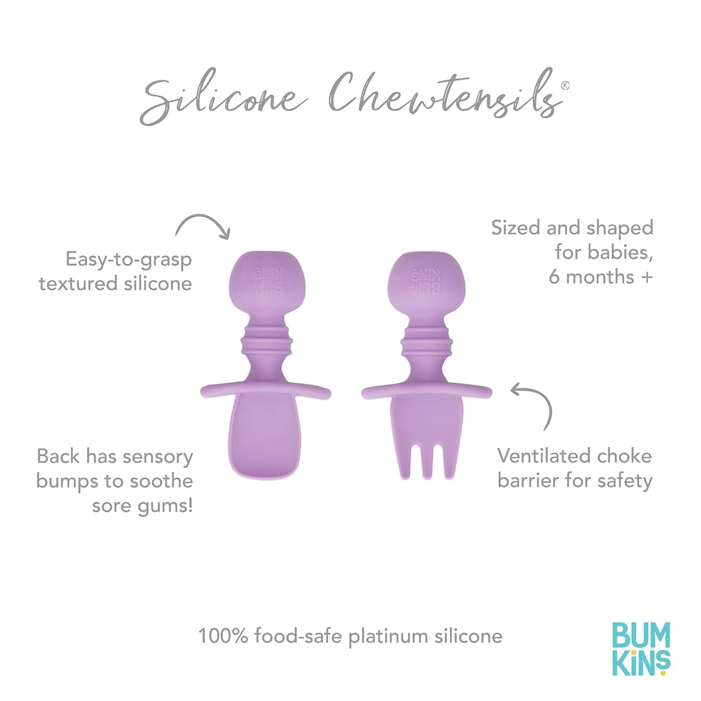 Bumkins Baby Utensils Set, Chewtensils Silicone Spoons for Dipping, Self-Feeding, Baby Led Weaning, Trainer Learning, First Stage Eating, Soft Practice Fork and Spoon, Babies 6 Months, Lavender