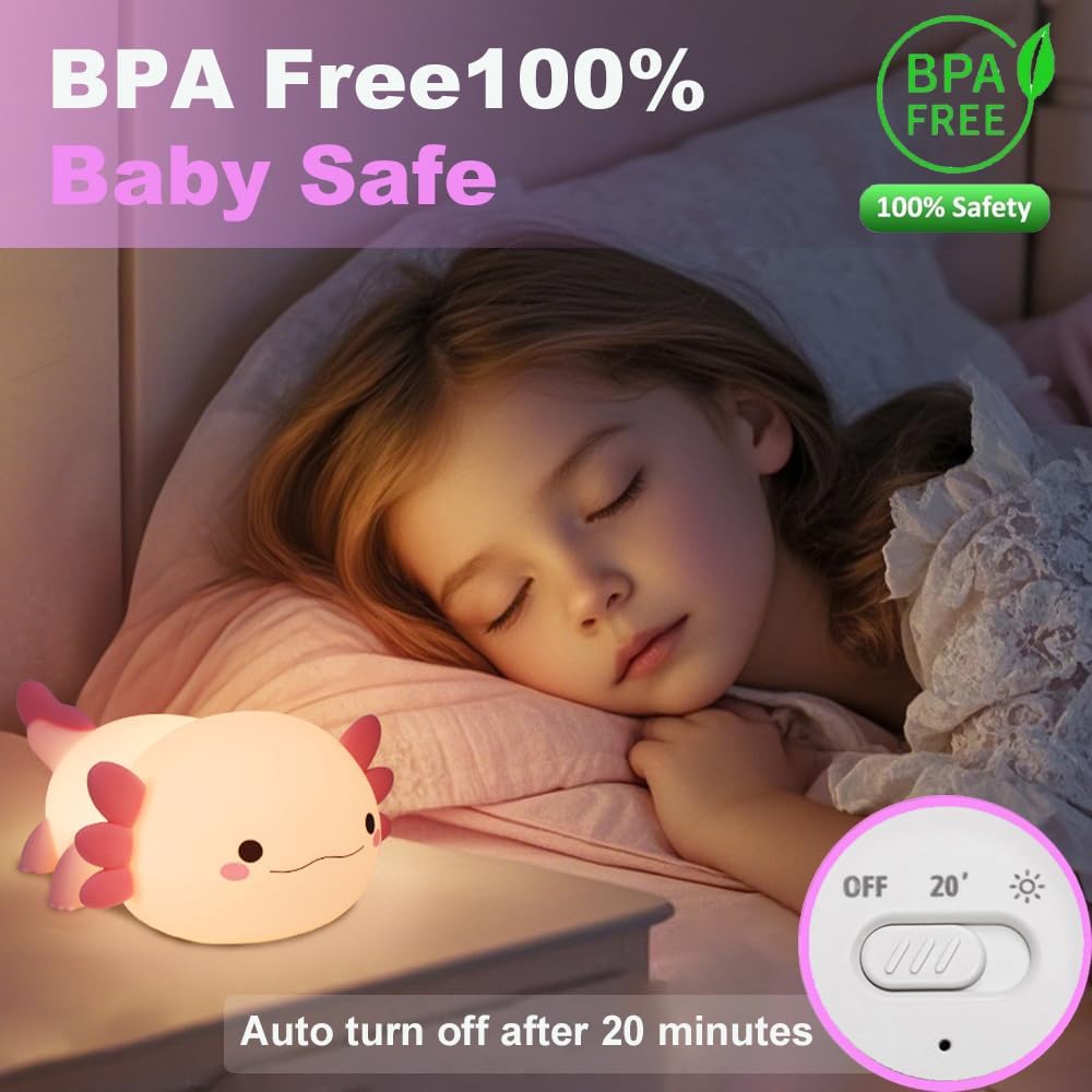 Cute Axolotl Night Light for Kids Bedroom, Animal Silicone Nursery Night Lamp Touch Control Nightlights USB Rechargeable Bedside Lamp for Baby Children Toddlers Girls Gift (pink Axolotl 1)