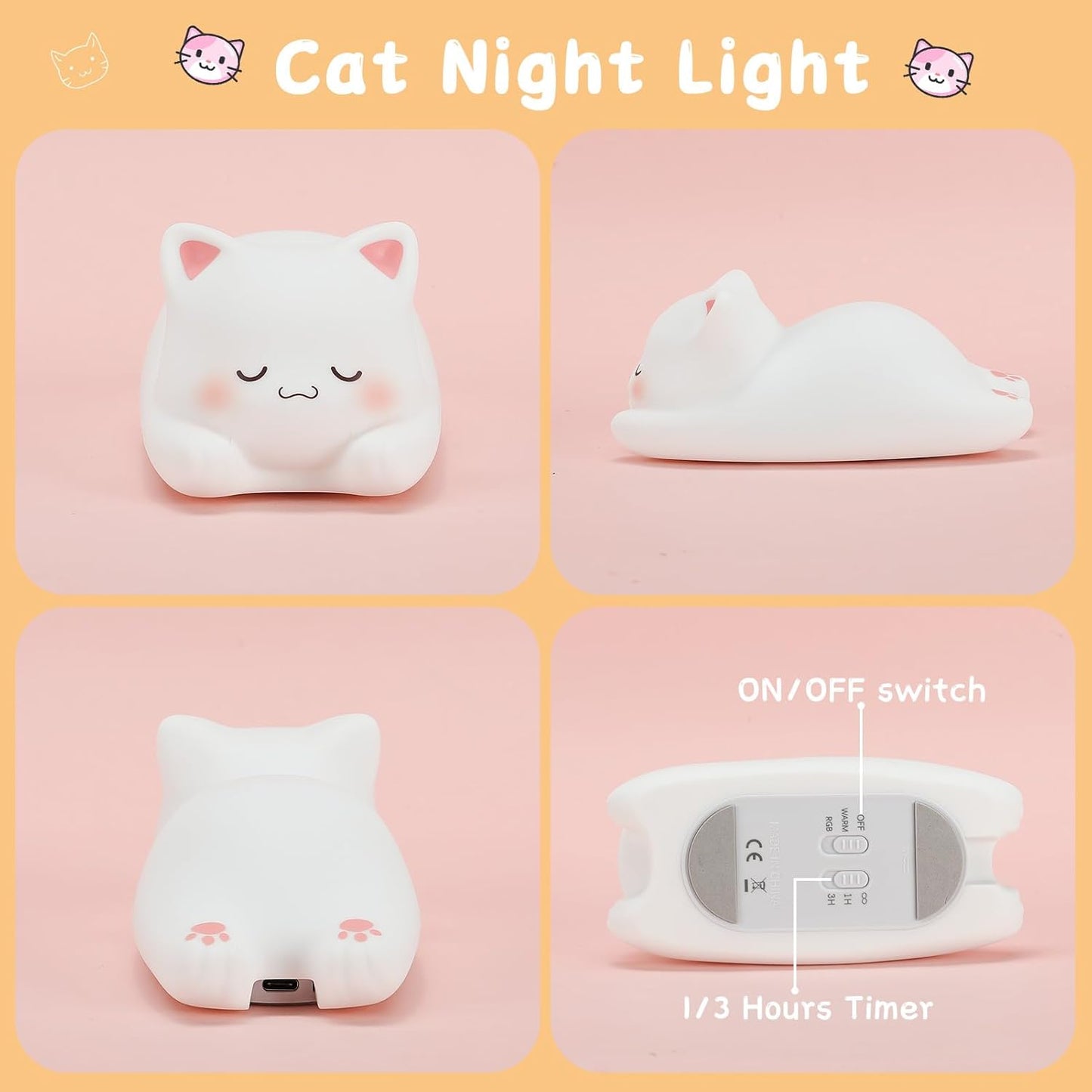 LOVERUIS Cute Night Light for Kids Cat Night-Light Baby Girl Squishy NightLight 1/3 Hour Timer Kitty Light Dimmable Nursery Lamp Colorful Nightlight Gift for Kid Toddler Kawaii Bedroom (Mimi)
