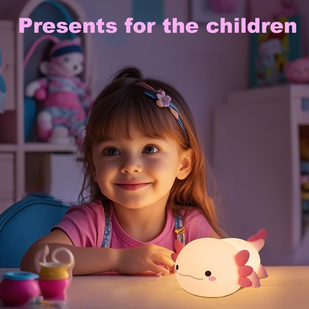 Cute Axolotl Night Light for Kids Bedroom, Animal Silicone Nursery Night Lamp Touch Control Nightlights USB Rechargeable Bedside Lamp for Baby Children Toddlers Girls Gift (Pink Axolotl)