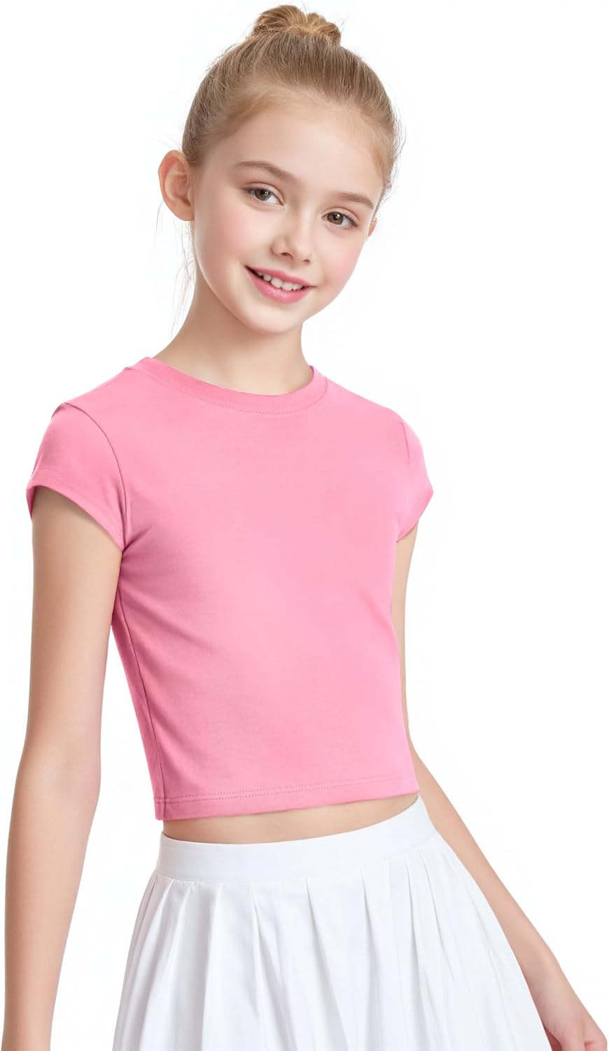 Auranso Girls Crop Tops Summer Short Sleeve Round Neck T Shirts Basic Tee for Kids
