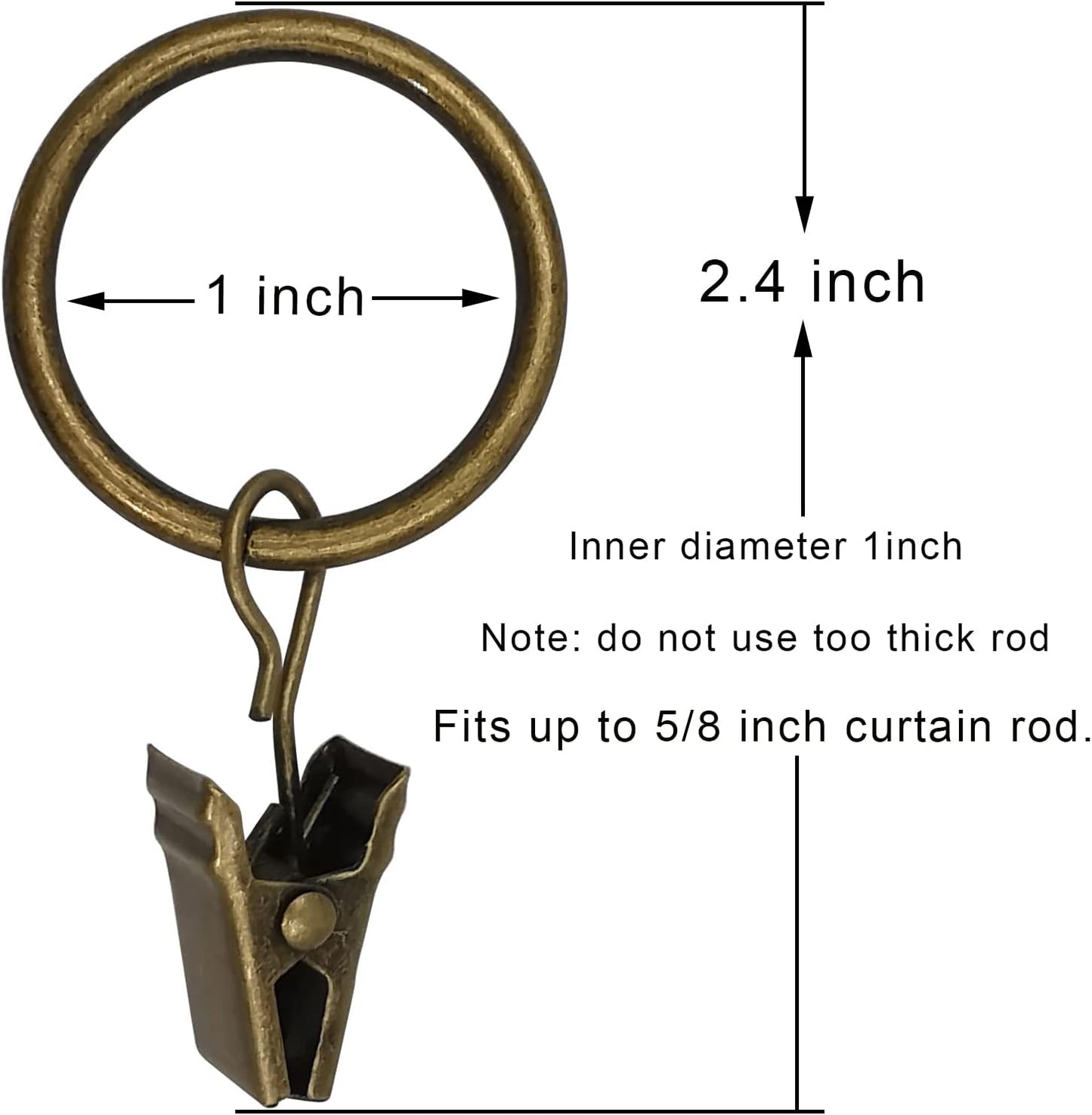 100 Pack Bronze Curtain Rings with Clips, Curtain Hooks Hangers Clip Rings for Hanging Drapes Bows Hat, Drapery Rings 1 in I D, Fits up to 5/8 in Diameter Curtain Rod.