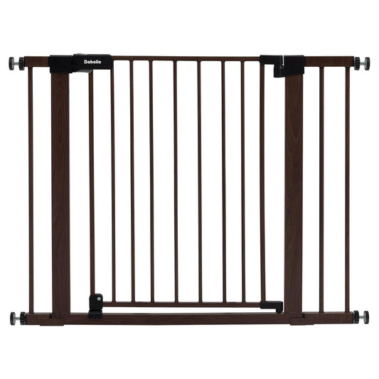 BABELIO 29-40" Metal Baby Gate with Black Wood Pattern, Auto Close Dog Door for The House、Stairs and Doorways, Pressure Mounted Pet Barrier, with Wall Protectors and Extenders