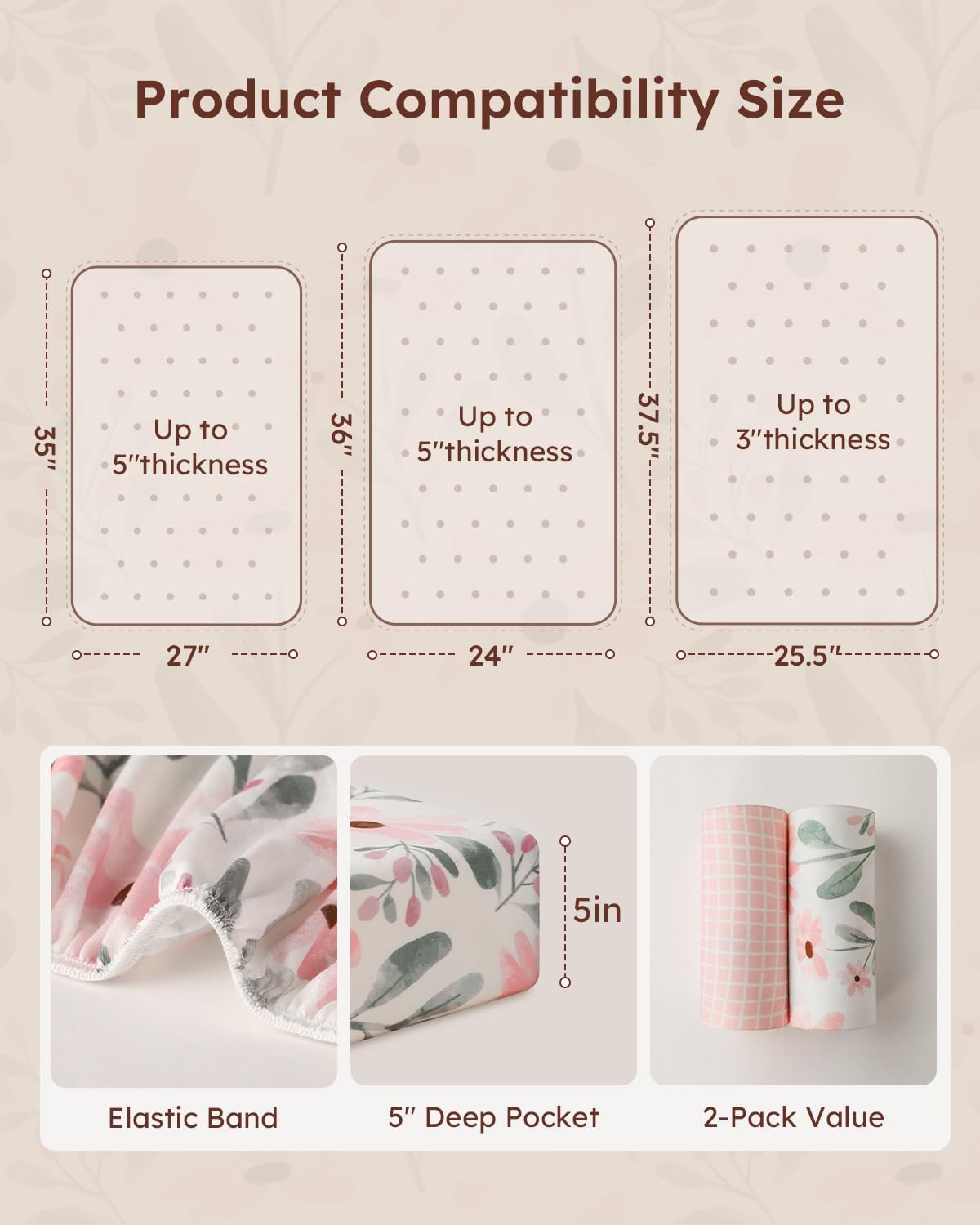 Yoofoss Pack and Play Sheets Girl 2 Pack, 38x26 Mini Crib Sheets Fitted for Baby Compatible with Graco Pack n Play Mattress,Ultra Soft Breathable Microfiber Pink Floral