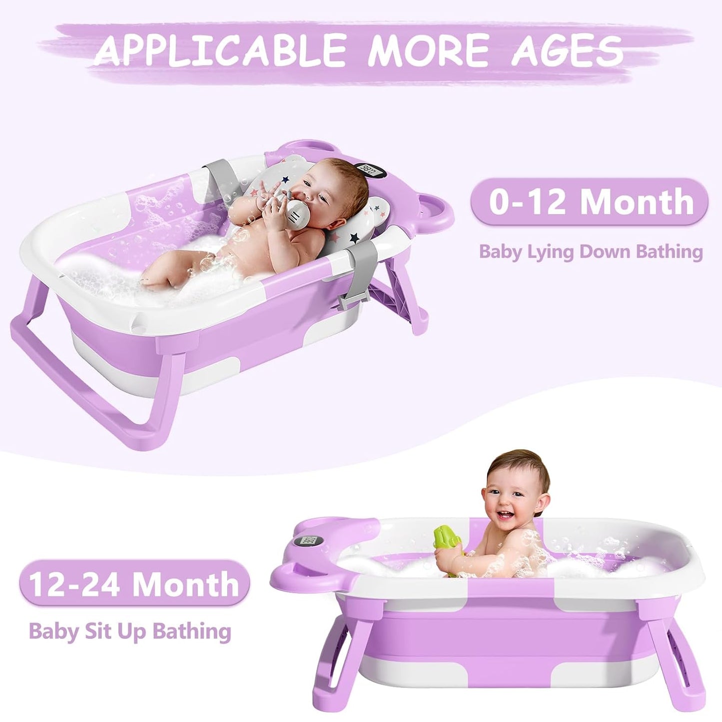 MoreFeel Collapsible Baby Bathtub for Newborn with Thermometer & 1 Hooded Towel & 1 Soft Floating Cushion,Portable Travel Bathtub with Drain Hole, Durable Foldable Baby Tubs for Infants to Toddler