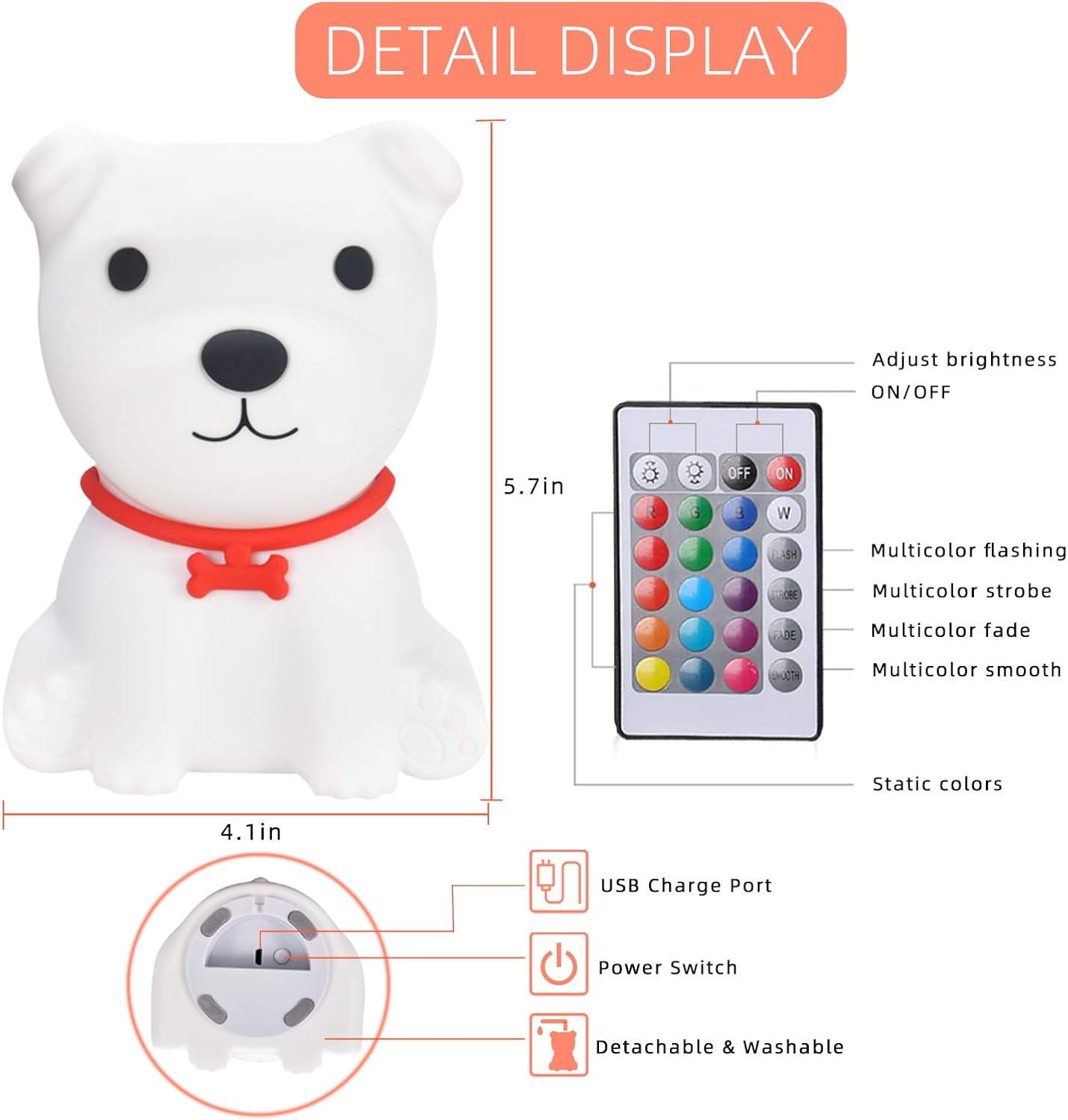 Tremdwoto Dog Night Light for Kids,Cute Colorful Night Light with Remote Baby Girl Squishy Night Light Lamp Puppy Light Dimmable Nursery Lamp Nightlight Gift for Boys and Girls Kawaii Bedroom Decor