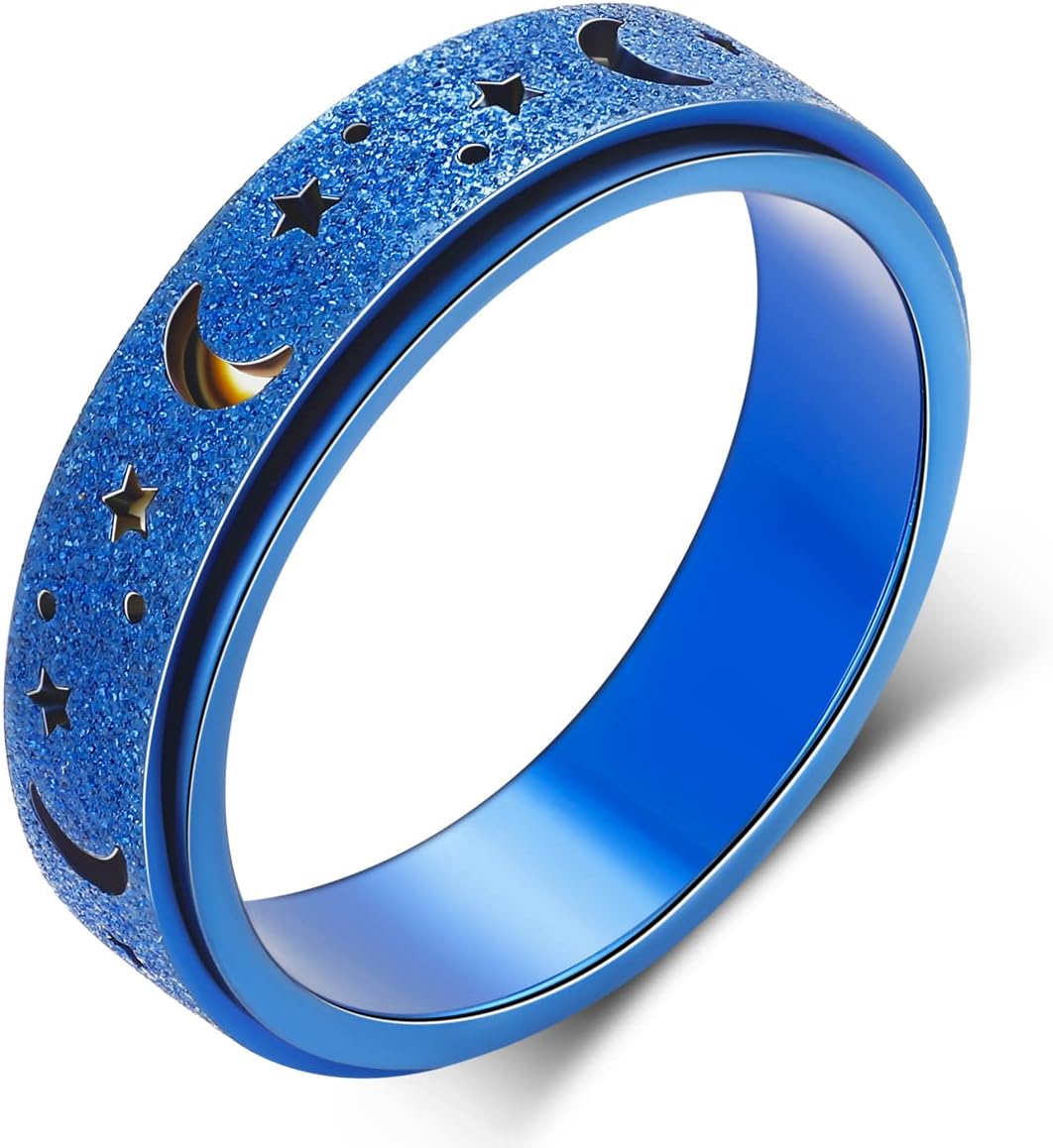 OreilleStar Anxiety Ring for Women Spinner Ring Fidget Ring Fidget Toys Adults Spinner Rings Fidget Rings for Anxiety for Women Anxiety Fidget Ring Men (Moon Star-Blue, 9)