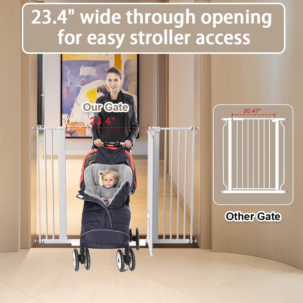 40.55" Tall 1.37" Ultra Narrow Spacing 30.12-61.61" Extra Wide Dogs Pets Baby Gate with Door for Doorway Cat Safety Proof Indoor Puppy Pressure Mounted No Drill White Black Metal Hallway