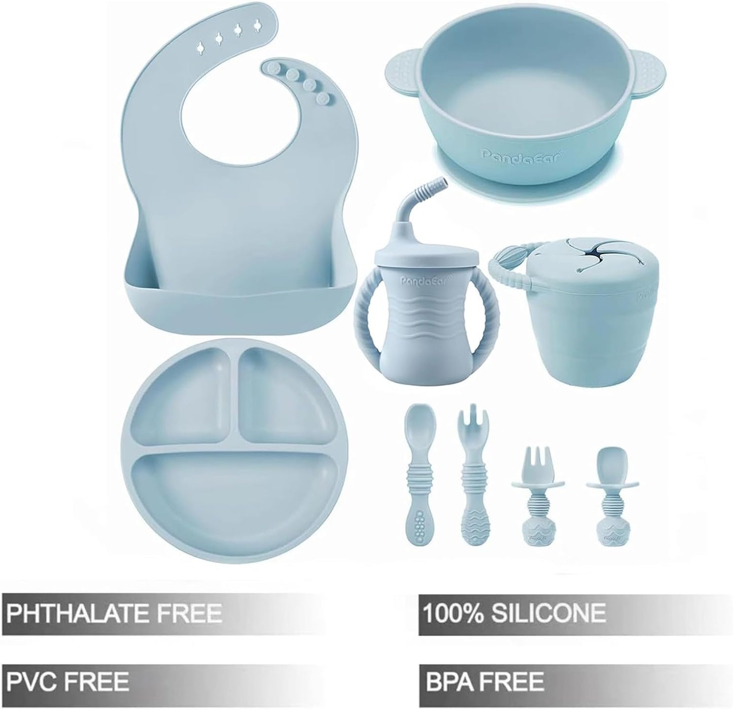 PandaEar Silicone Baby Feeding Set | 9PCS Baby Led Weaning Supplies Self Feeding Utensils | Divided Suction Plate Bowl Bibs Sippy Cup with Baby Snack Container Spoons Forks (Blue)