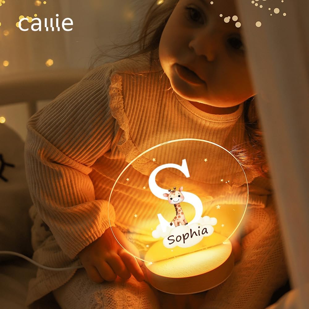 callie Acrylic Night Light Name Plate Personalized, Custom Cute Forest Animals with Wooden Base Bedroom Decor, Birthday Gifts Christmas Gifts for Family