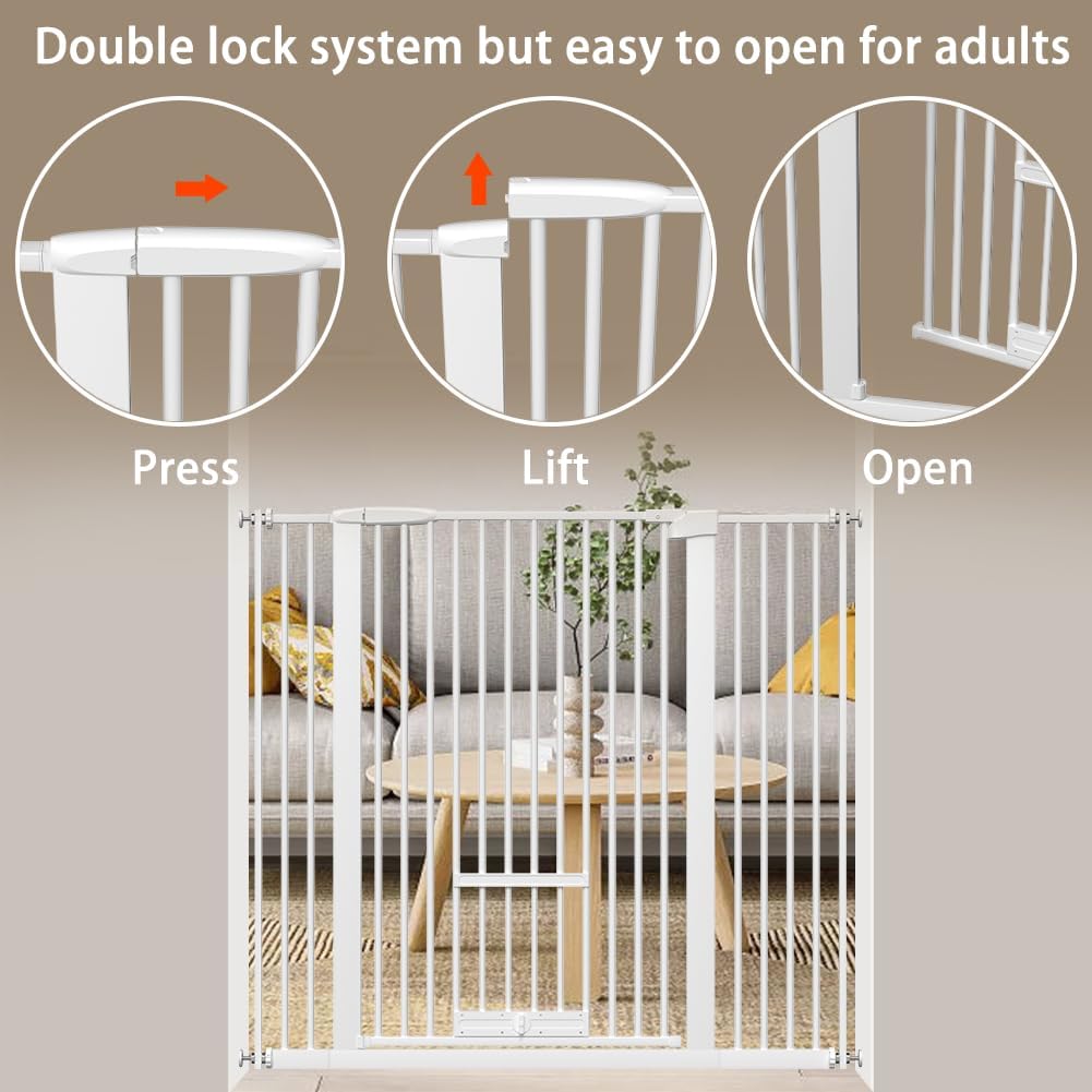 40.55" Tall 1.37" Ultra Narrow Spacing 30.12-61.61" Extra Wide Dogs Pets Baby Gate with Door for Doorway Cat Safety Proof Indoor Puppy Pressure Mounted No Drill White Black Metal Hallway