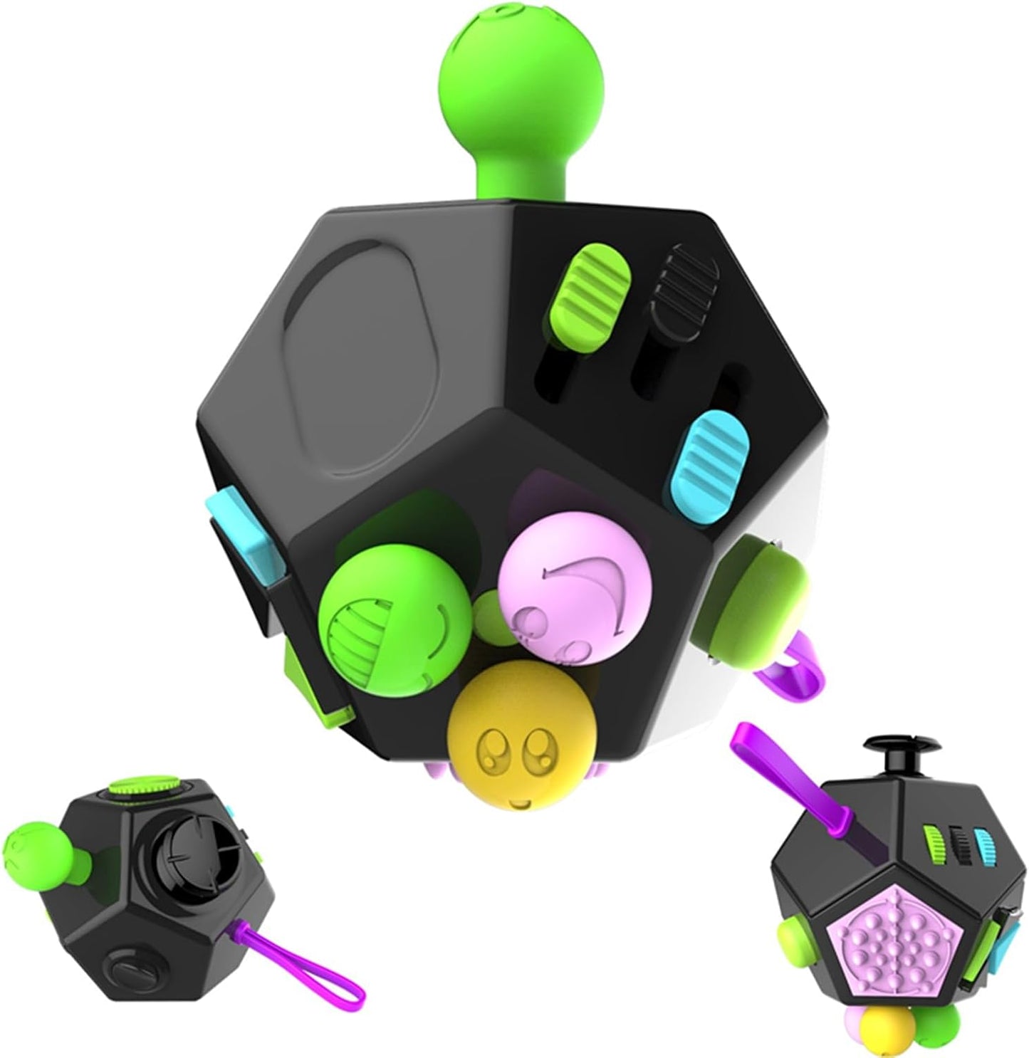 Fidget Toys Cube Relieve Stress Anti Anxious Depression 12-Sided Cube for Children and Adults with ADHD ADD OCD Autism Creative Toy (Green Pink Black-B2)