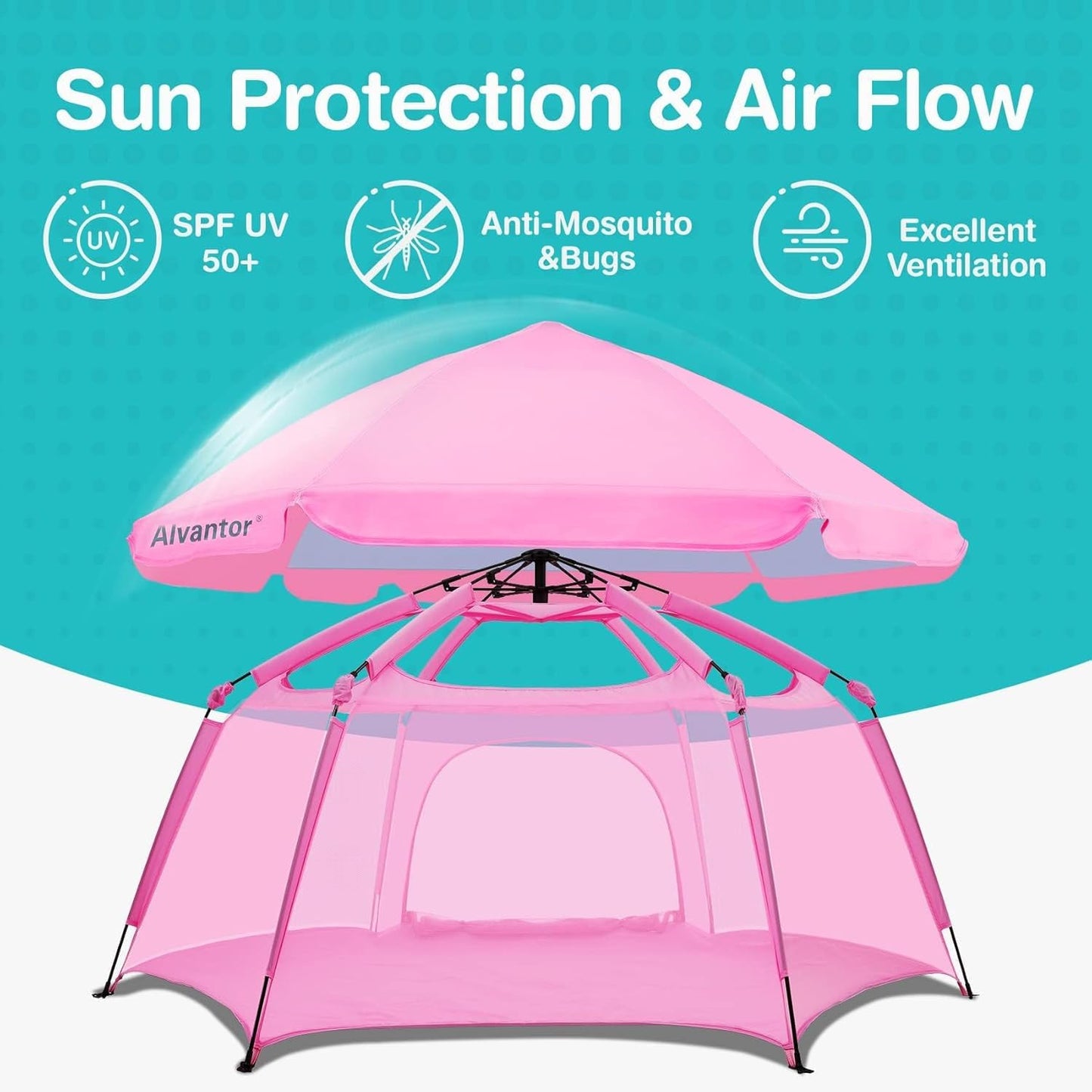 Alvantor Pop Up Playpen- 7'x7'x44”Baby Playpen Large Kids Play Tent Portable and Foldable Playpen Indoor/Outdoor Play Yard with Protective Mesh, UV SPF 50+ Sunshade, and Soft Foam Floor, Pink