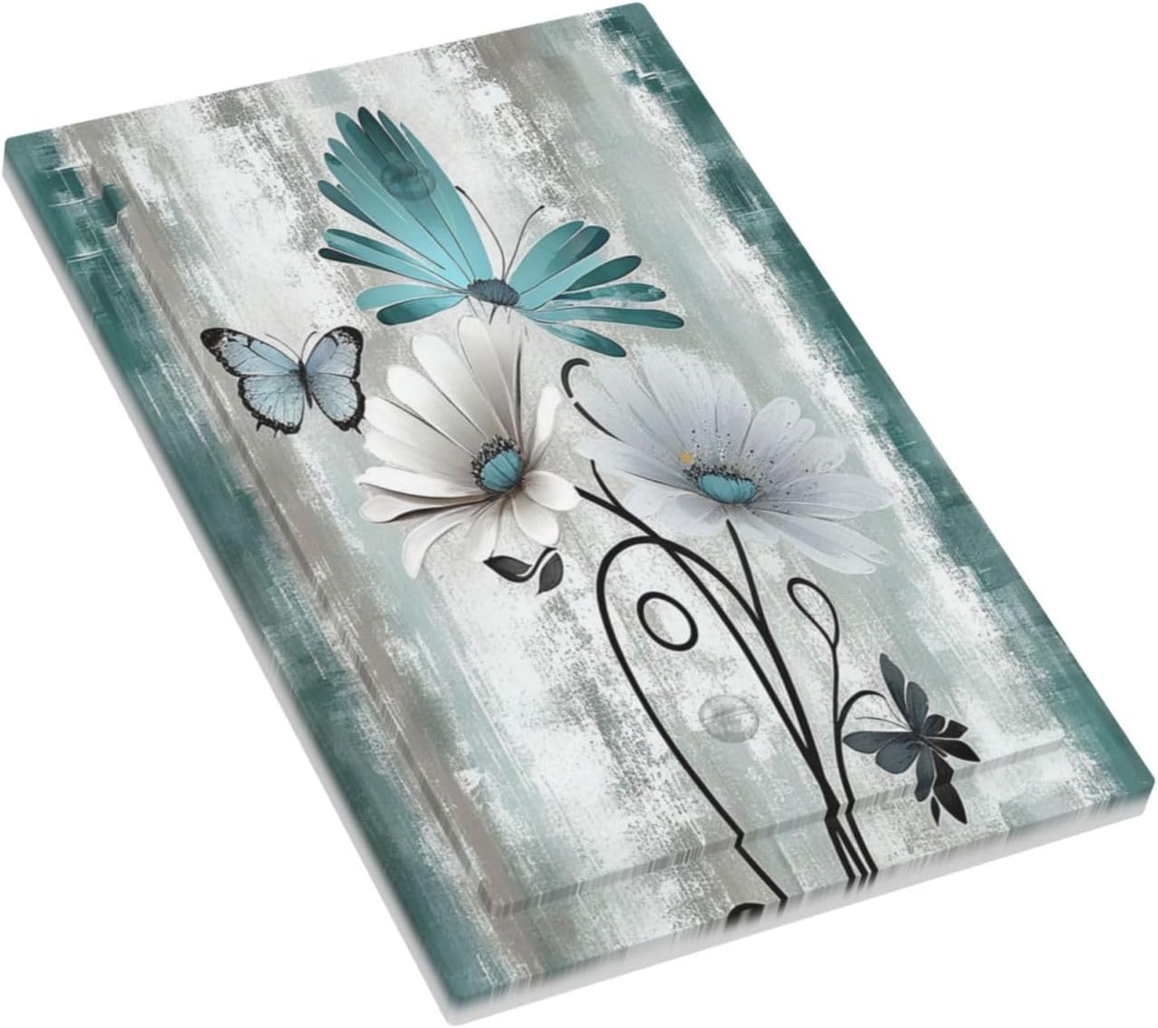Light Switch Cover Plate Rustic Teal Daisy Floral Flowers Butterfly Wood Grain 1 Gang No Device Blank Electrical Wall Plates Faceplate Decorative Switch Plate for Bathroom Bedroom Decor