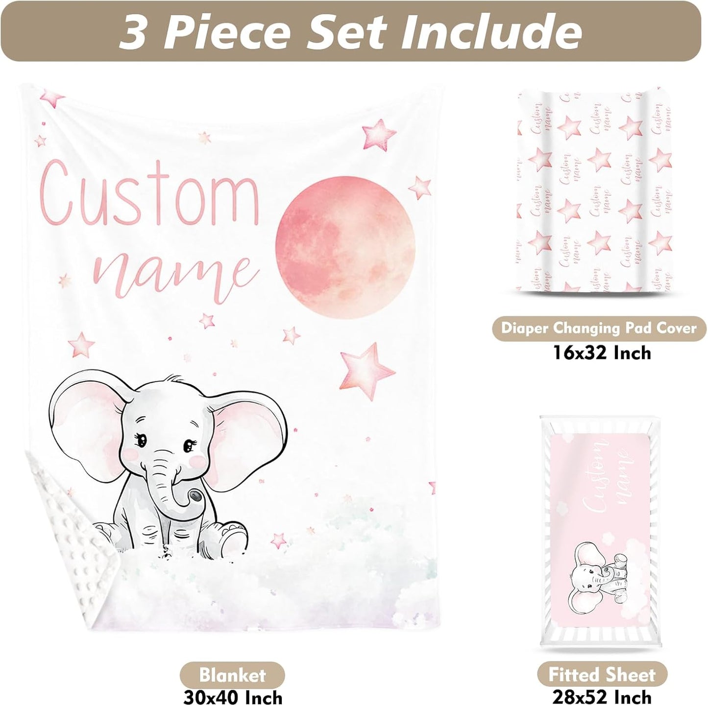 Custom Name Crib Bedding Set - Starry Sky Elephant Design, Personalized Baby Nursery Bedding 3-Piece Set– Soft Blanket, Fitted Sheet, Changing Pad Cover – for Newborns Girls Nursery Gifts
