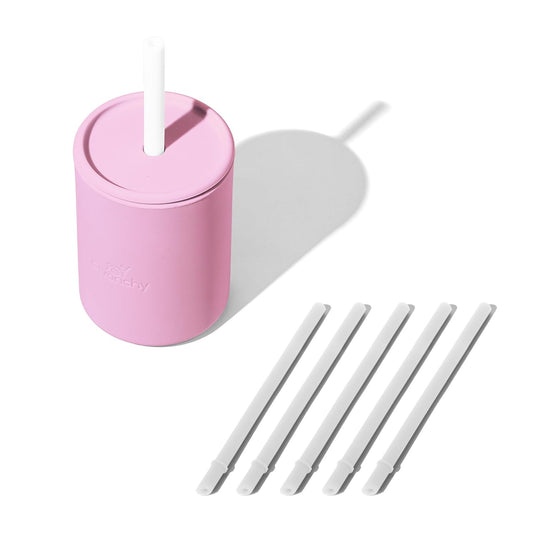 Avanchy Silicone Training Sippy Cup with Straw Lid – Tiny Cup for Babies 6+ Months to Toddlers 1 Year Old – 5 oz Infant Water Cup for Baby Led Weaning, Pink + 5 Reusable Straws