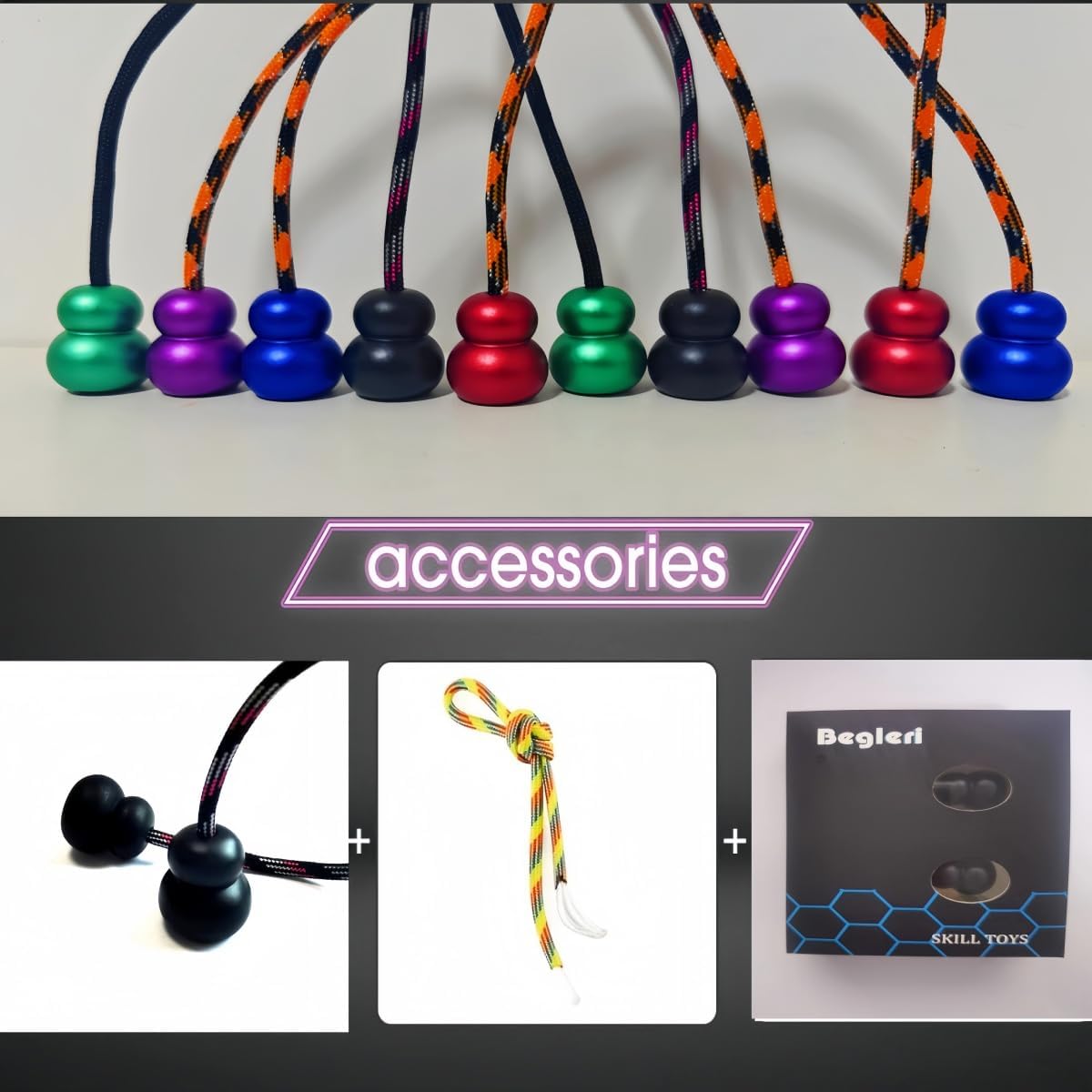 Begleri Fidget Beads, Aluminum Alloy- Practicing EDC Knuckle Finger Skill, Stress Relief Toy for Adult Relieve Anxiety Worry/with Replaceable Rope (Black)