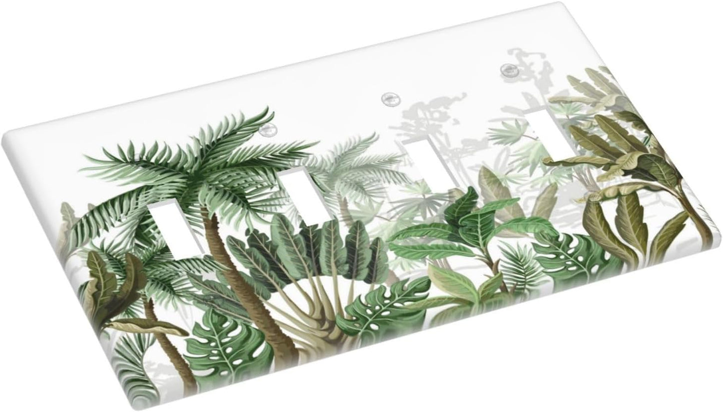 Palm Tree Banana Leaf Green Rainforest Natural Landscape Light Switch Covers Quad Toggle Electrical Faceplate 4 Gang Wall Plate Decorative Switch Plates for Bed Room Living Room Decor