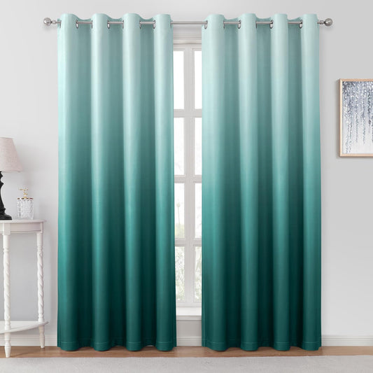 HOMEIDEAS Teal Ombre Blackout Curtains 52 X 84 Inch Length Gradient Room Darkening Thermal Insulated Energy Saving Grommet 2 Panels Window Drapes for Living Room, Bedroom