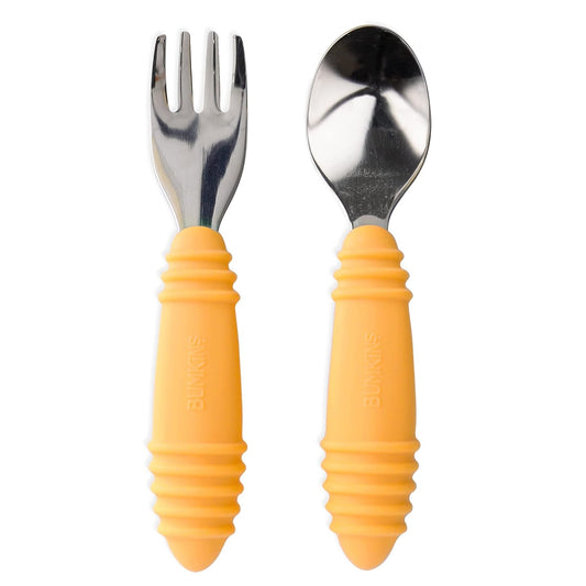 Bumkins Toddler Utensils, Kids Size Fork and Spoon Set, Silicone and Stainless-Steel Training Silverware, Angled Forks / Sporks for Self-Feeding, Children Learning to Eat, 18 Mos Up, Tangerine Orange