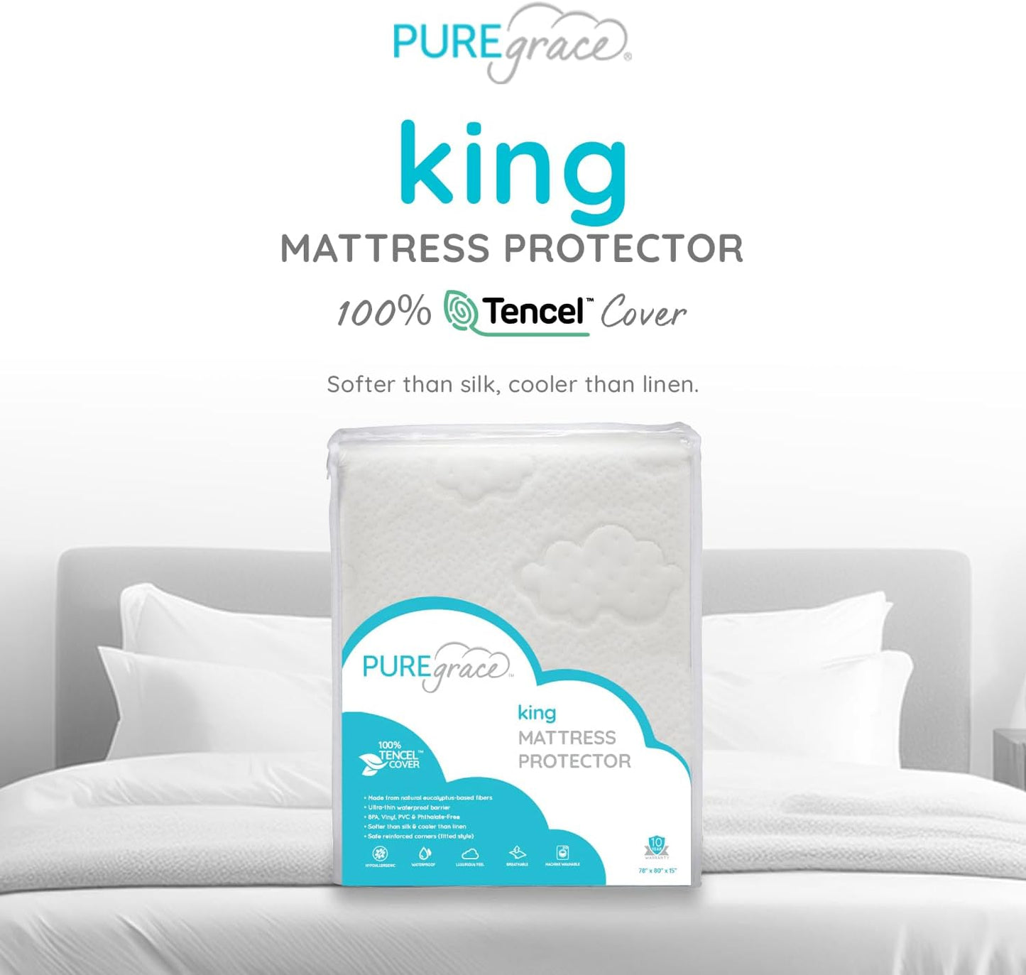 PUREgrace Tencel Mattress Protector (King) – Waterproof, Noiseless Cover, Soft and Breathable with Deep-Pocketed Corners for Secure Fit