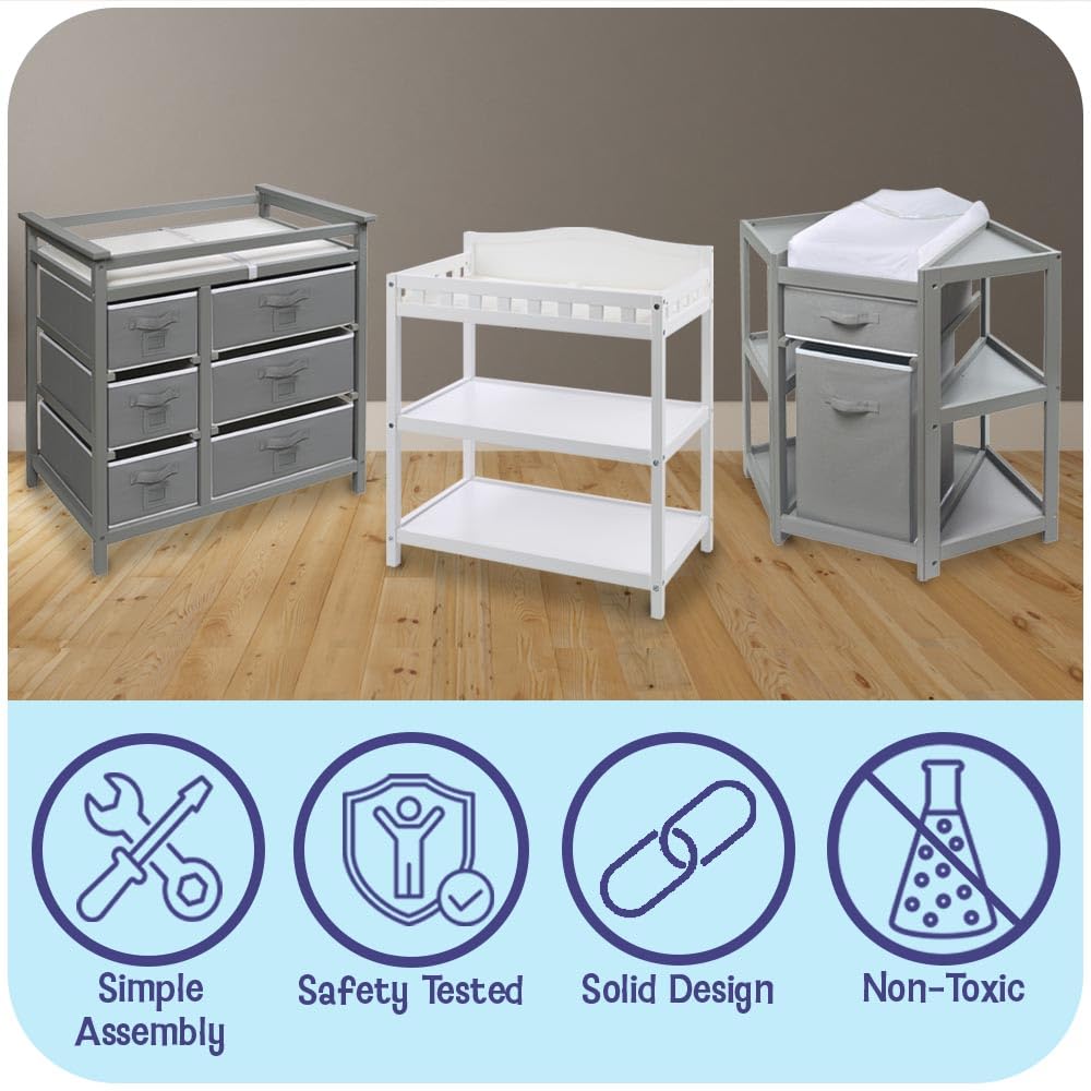 Badger Basket Baby Changing Table with Pad & Shelves - Wooden Changing Table with Storage - Nursery Change Table for Diapers & Baby Essentials, White