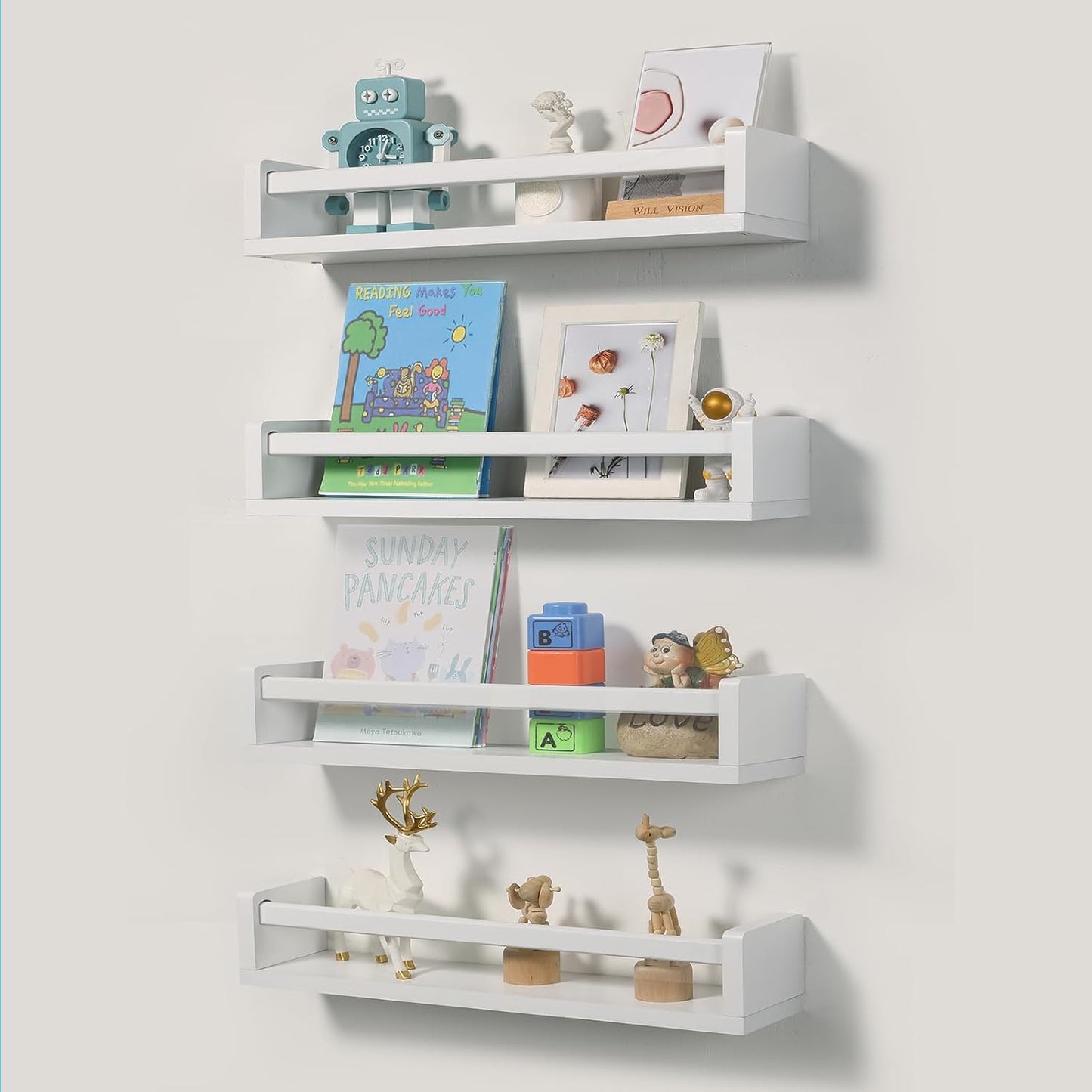 Nursery Room Shelves Set of 4, Wood Floating Book Shelves for Kids Room, Baby Book Shelf for Nursery, Kitchen Spice Rack (Classic White)