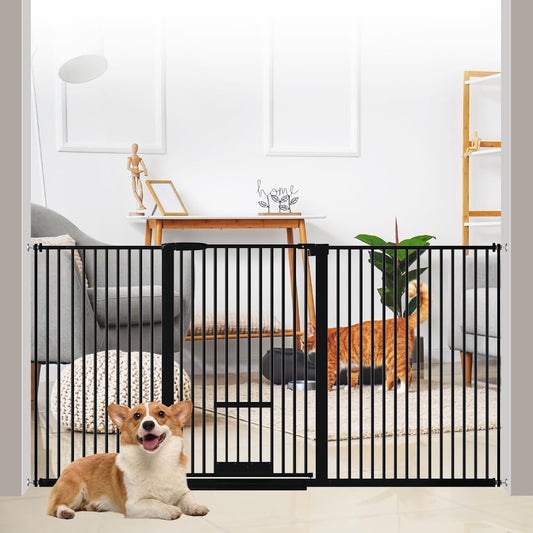40.55" Tall 1.37" Ultra Narrow Spacing Dogs Pets Baby Gate with Door for Doorway Cat Safety Proof Indoor 73.43"-81.30" Extra Wide Puppy Pressure Mounted No Drill White Black Metal Hallway