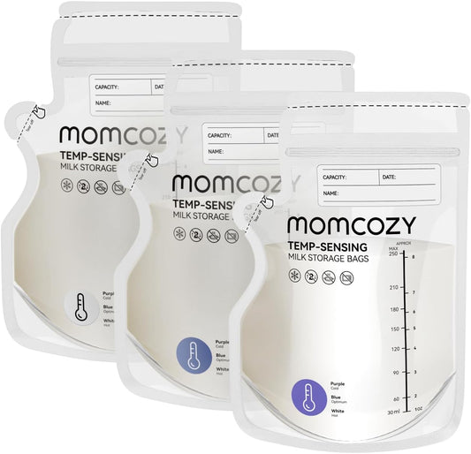 Momcozy Easy Pour Breastmilk Storage Bag, 8Oz, Temp-Sensing Color Change, 120 Count Milk Bag with Self Standing for Breastfeeding, No Leak Presterilized for Freezer, Recyclable & BPA Free