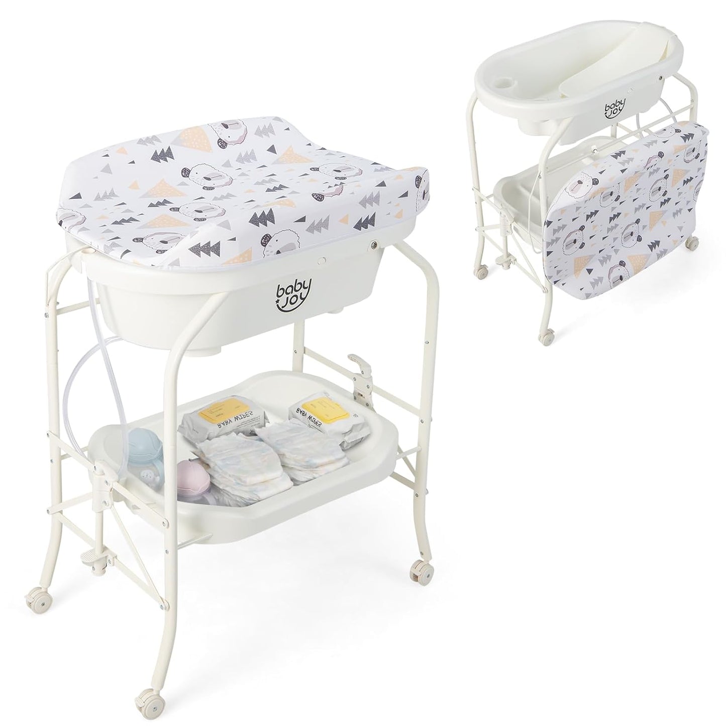 BABY JOY Baby Bathtub with Changing Table, Foldable Infant Diaper Changing Station with Storage Tray, Waterproof Pad, Portable Newborn Nursery Organizer Bath Stand with 4 Universal Wheels (White)