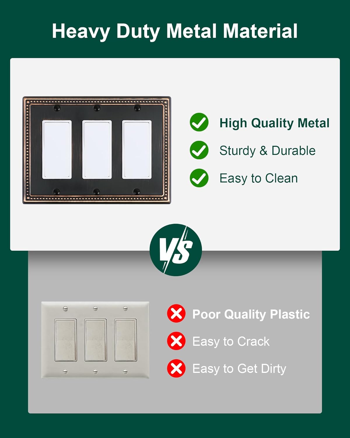 2-Pack Triple Decorator Outlet Cover Plate, Aged Bronze Pearls Decorative Switch Plates and Outlet Covers, Metal Wall Plates for Electrical Outlets, Receptacle, GFCI Outlet, Dimmer Switch