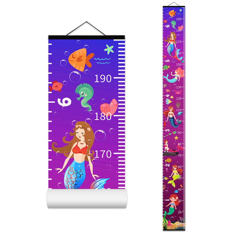 Ocean Mermaid Growth Chart for Kids Baby Height Chart Ruler Removable Canvas Wooden Frame Hanging Wall Rulers Measurement Charts for Toddler Room Nursery Decor - 79"X7.9" with Black Wood