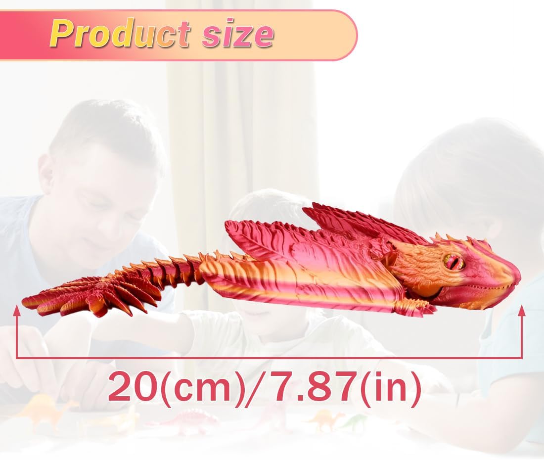 3D Printed Dragon with Wings 3D Printed Animals Articulated Dragon Fidget Dragon 3D Printed Toys Dragon Toy Desk Pets Home Office Decor (Orange)