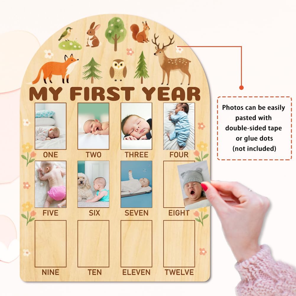 ORIGACH My First Year Baby Growth Photo Display Wood Board - 12 Months Newborn Milestones Photo Board - Neutral Baby Keepsake Board 1st Birthday Party Nursery Decor - Forest Animal & Flower