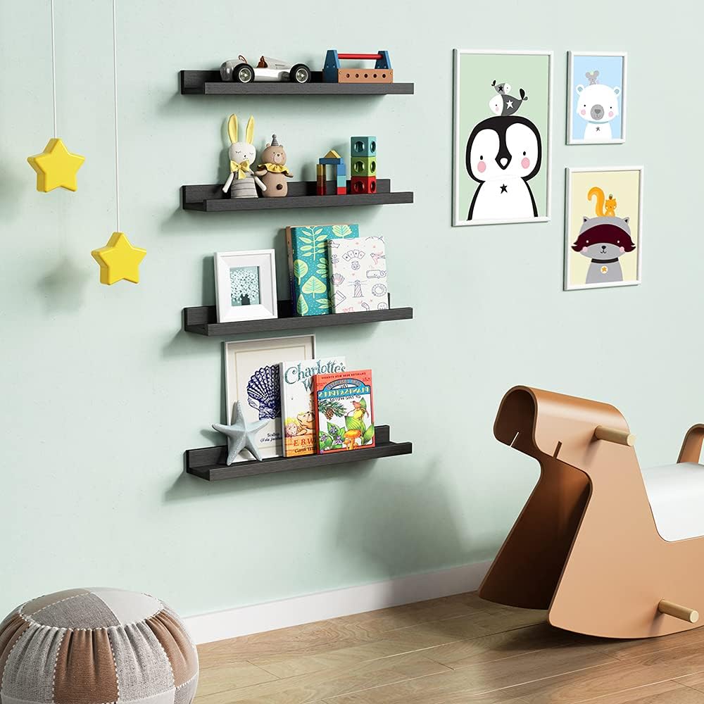 Forbena 24 Inch Long Picture Ledge Shelf Set of 4, Black Wood Floating Shelves for Wall with Lip, Rustic Display Shelves for Living Room Hallway Bedroom Office Photo Frames Bathroom Nail Polish