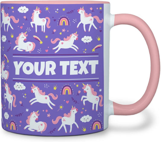 Personalized Mug for Kids - Purple Unicorn - Custom Name/Text, Ceramic Hot Chocolate/Cocoa/Coffee Cup for Girls, Birthday/Christmas/Holiday Gift - 11 oz, Pink Handle