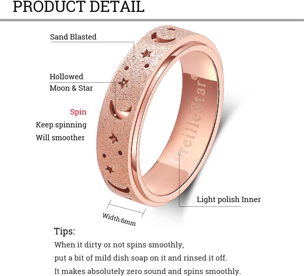 OreilleStar Anxiety Ring for Women Spinner Ring: Fidget Toys Adults Fidget Ring Titanium Stainless Steel Thumb Rings for Women Men Moon Star Rose Gold