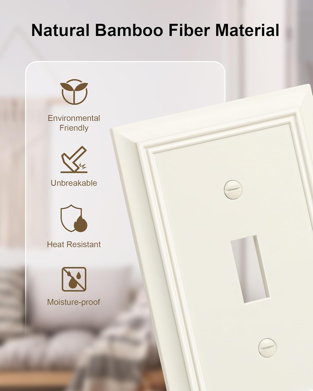 2-Pack Single Toggle Light Switch Cover Plate, Durable Natural Bamboo Fiber Decorative Switch Plate Covers, Light Almond 1 Gang Wall Plate, Corrosion Resistant