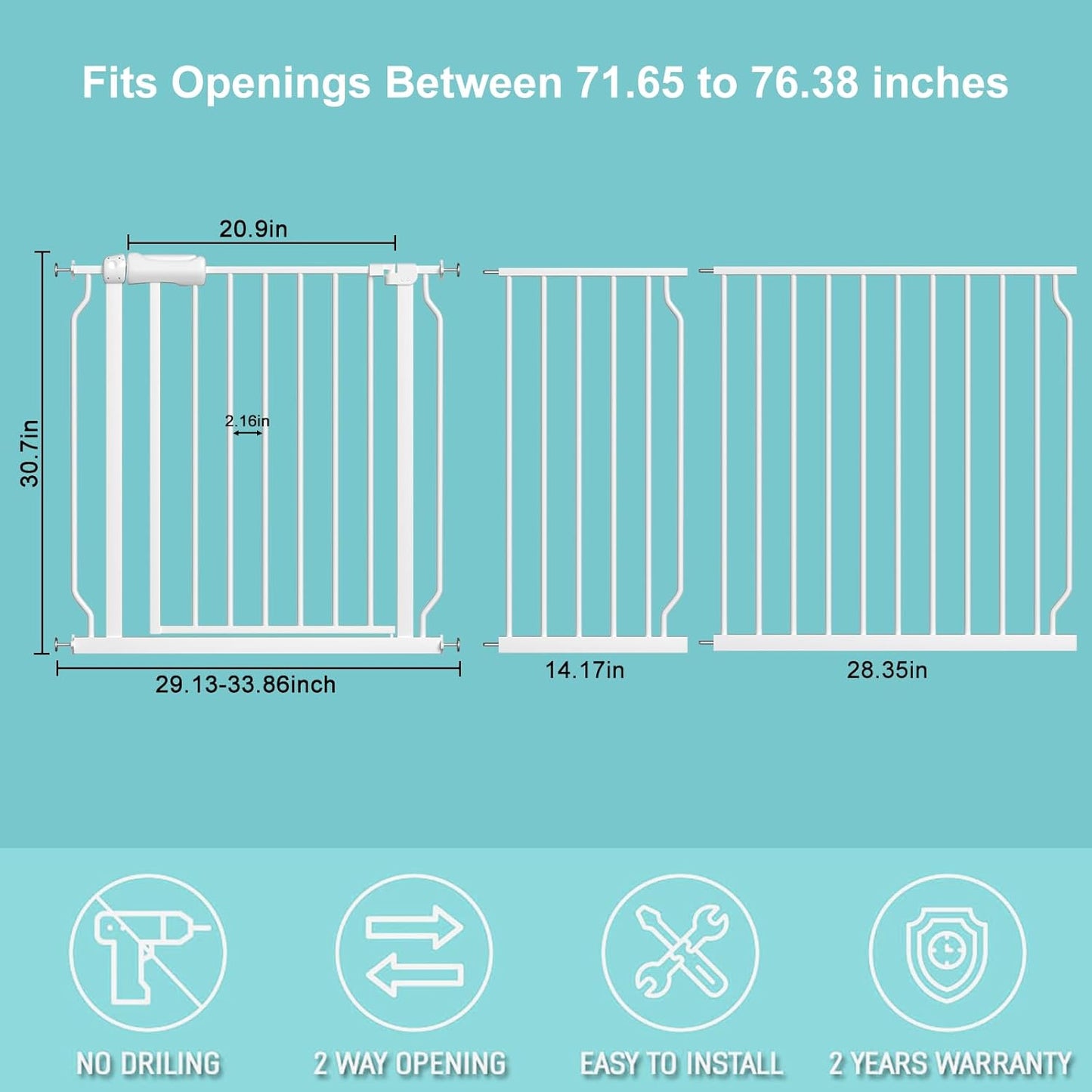 WAOWAO Baby Gate 71.65-76.35" Extra Wide Pressure Mounted Walk Through Swing Auto Close Safety White Metal Toddler Kids Child Dog Pet Puppy for Stairs,Doorways,Kitchen