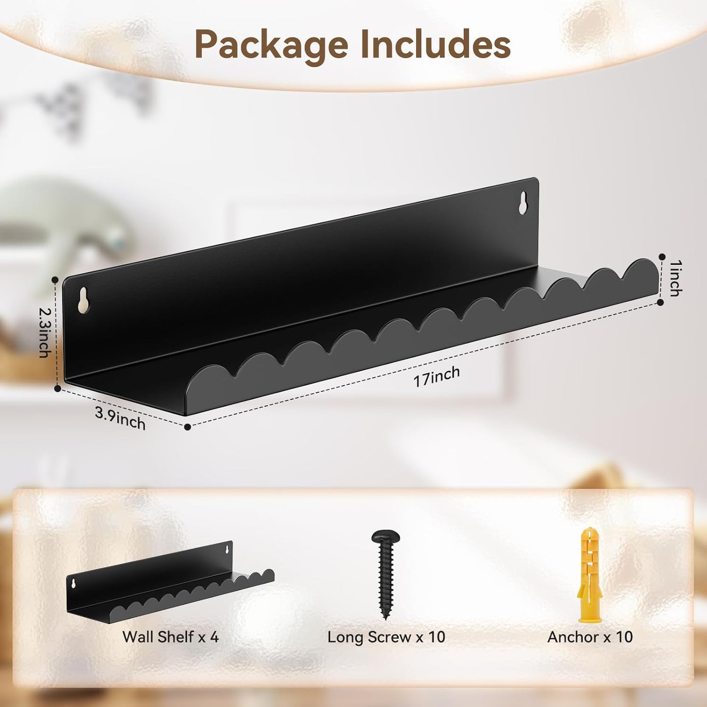 Nursery Book Shelves, 17 Inch Black Metal Floating Shelves for Wall 4 Pack, Wall Mounted Book Shelf for Kids Room, Bedroom, Bathroom, Playroom Decor