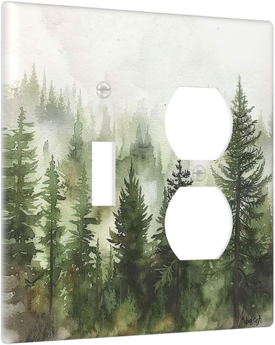 Wallplates Green Forest Watercolor Painting Foggy Pine 1 Toggle 1 Duplex Switch Plate Electrical GFCI Faceplate Decorative Light Switch Covers for Bedroom living Room Decor