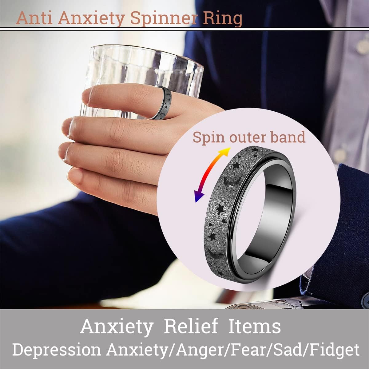 Anxiety Ring for Women Spinner Ring Fidget Ring Fidget Toys Adults Spinner Thumb Ring Anxiety Fidget Rings for Women Stainless Steel Anxiety Fidget Ring Men(Moon Star-Black, 10)