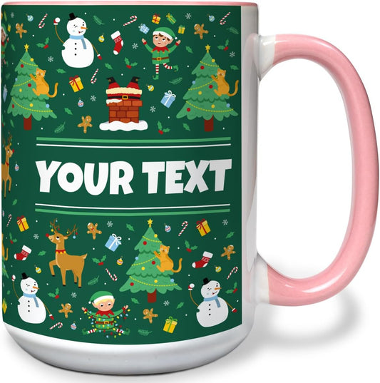 Personalized Mug for Kids - Christmas - Custom Name/Text, Ceramic Hot Chocolate/Cocoa/Coffee Cup for Boys/Girls, Holiday/Birthday Gift - 15 oz, Pink Handle