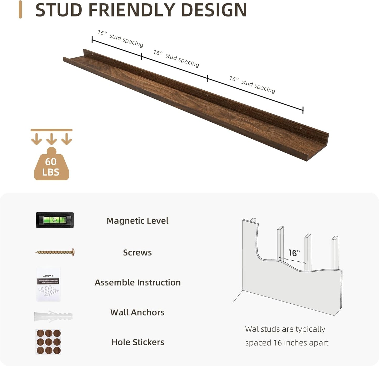 Picture Ledge Shelf, Wood Long Floating Shelves for Wall, Set of 2, 56 inch Picture Ledge Shelves, Photo Ledge Nursery Book Shelves Wall Mounted for Living Room Kids' Room Bedroom, Color Walnut