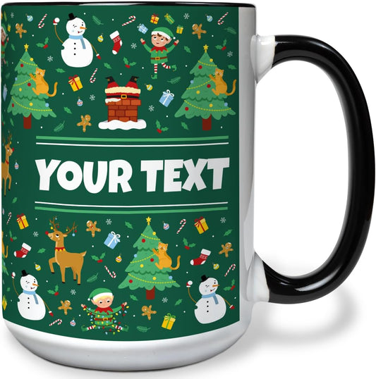 Personalized Mug for Kids - Christmas - Custom Name/Text, Ceramic Hot Chocolate/Cocoa/Coffee Cup for Boys/Girls, Holiday/Birthday Gift - 15 oz, Black Handle