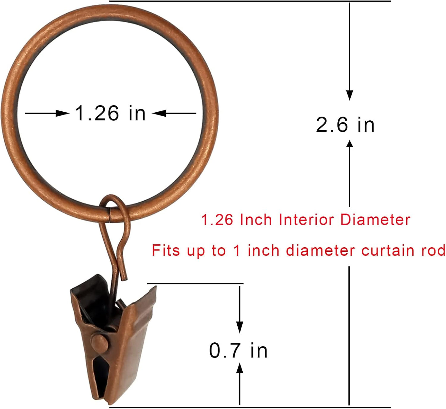 100 Pack Antique Copper Curtain Rings with Clips, Curtain Hooks Hangers Clip Rings for Hanging Drapes Bows Hat, Drapery Rings 1.26 in I D, Fits up to 1 in Diameter Curtain Rod.